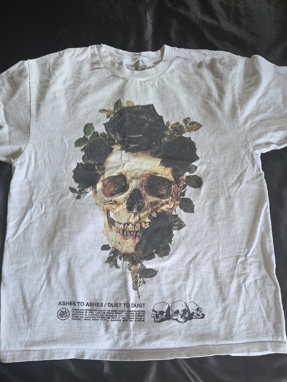 Fashion Nova White Tee with Skull & Black Rose Graphic